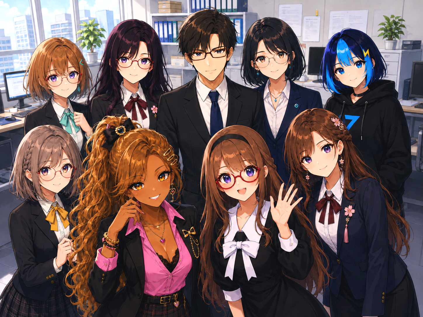 Nine members of the Akane Institute of Intelligence gathered in a bright professional office